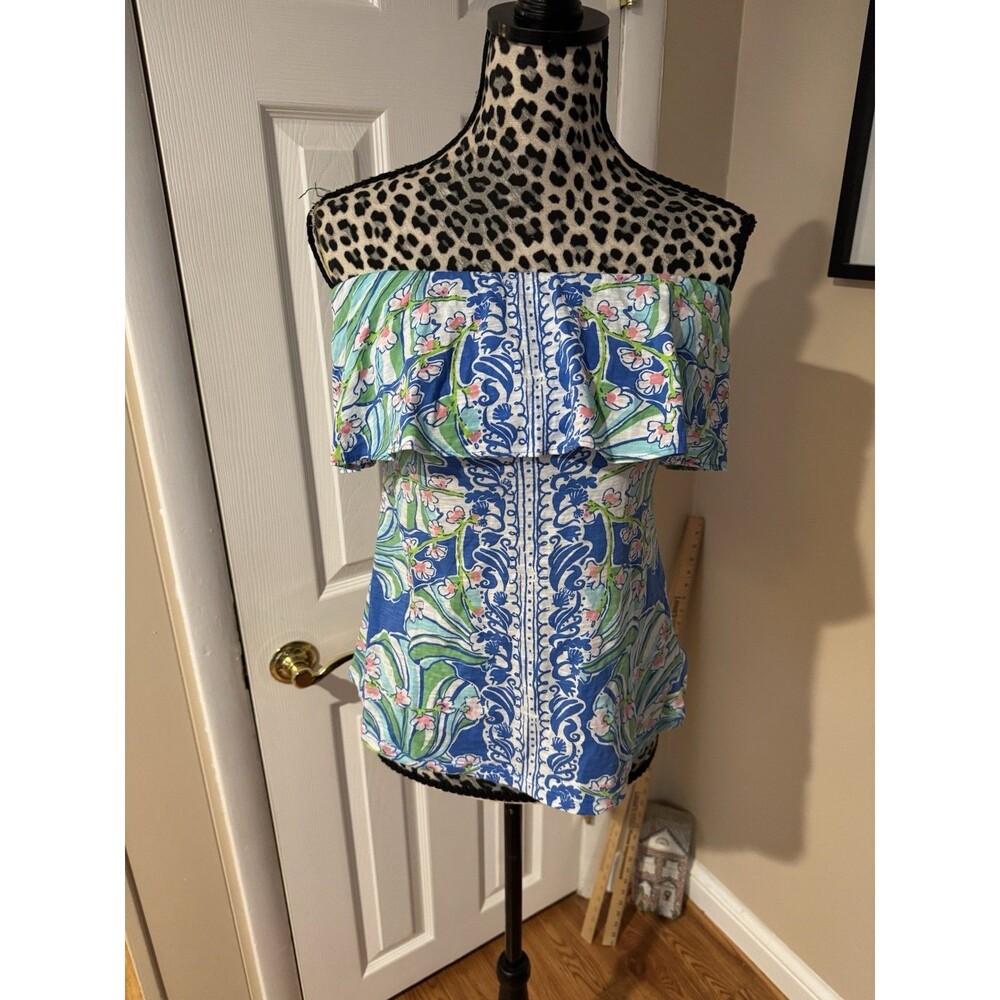 Lilly Pulitzer Wiley Ruffle Tube Top Bay Blue Medium Preppy Resort Tropical READ